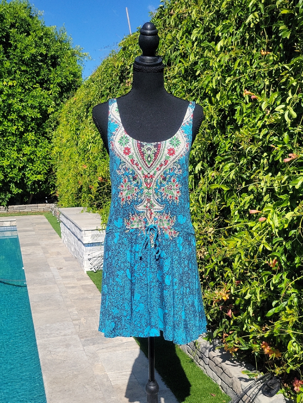 Free People Boho Turquoise Paisley Drawstring Sundress L